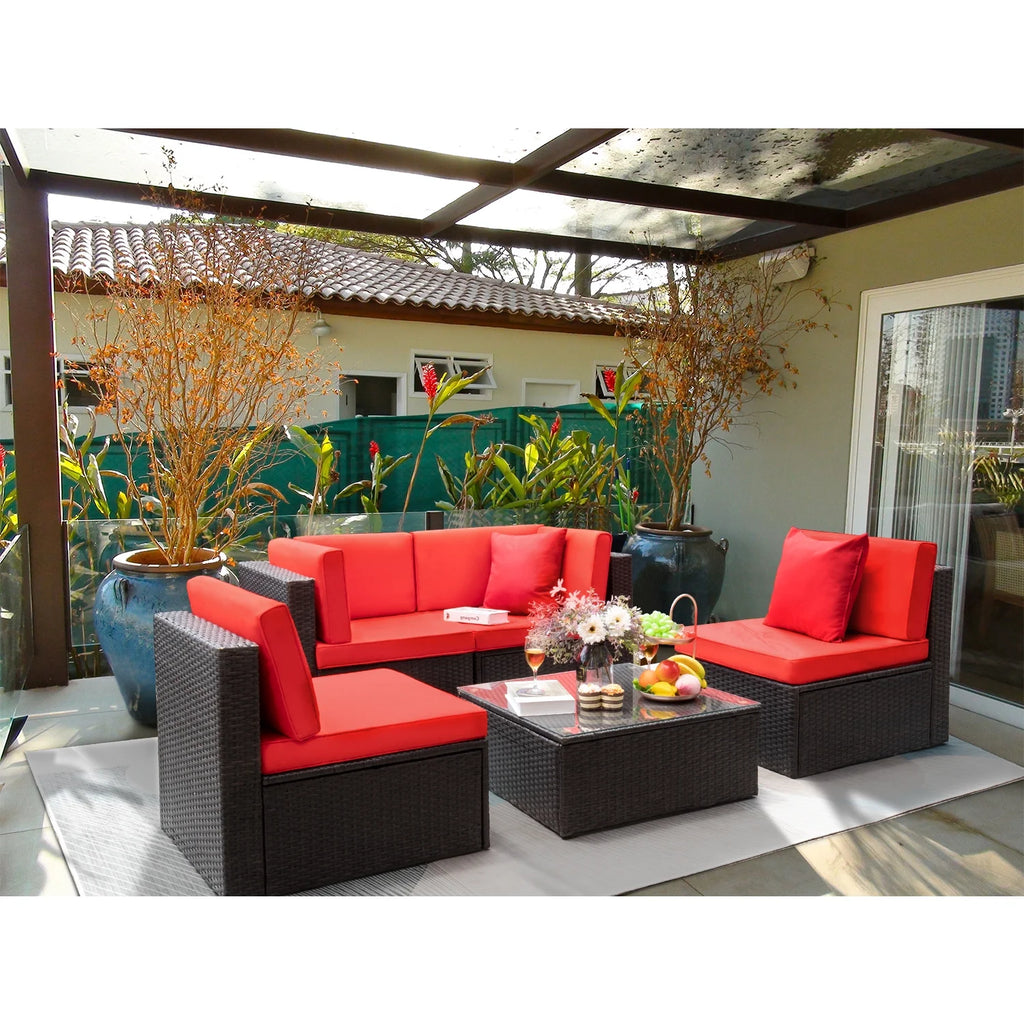 Red 5 Pieces Outdoor Wicker Rattan Sectional Set with Glass Table W471447