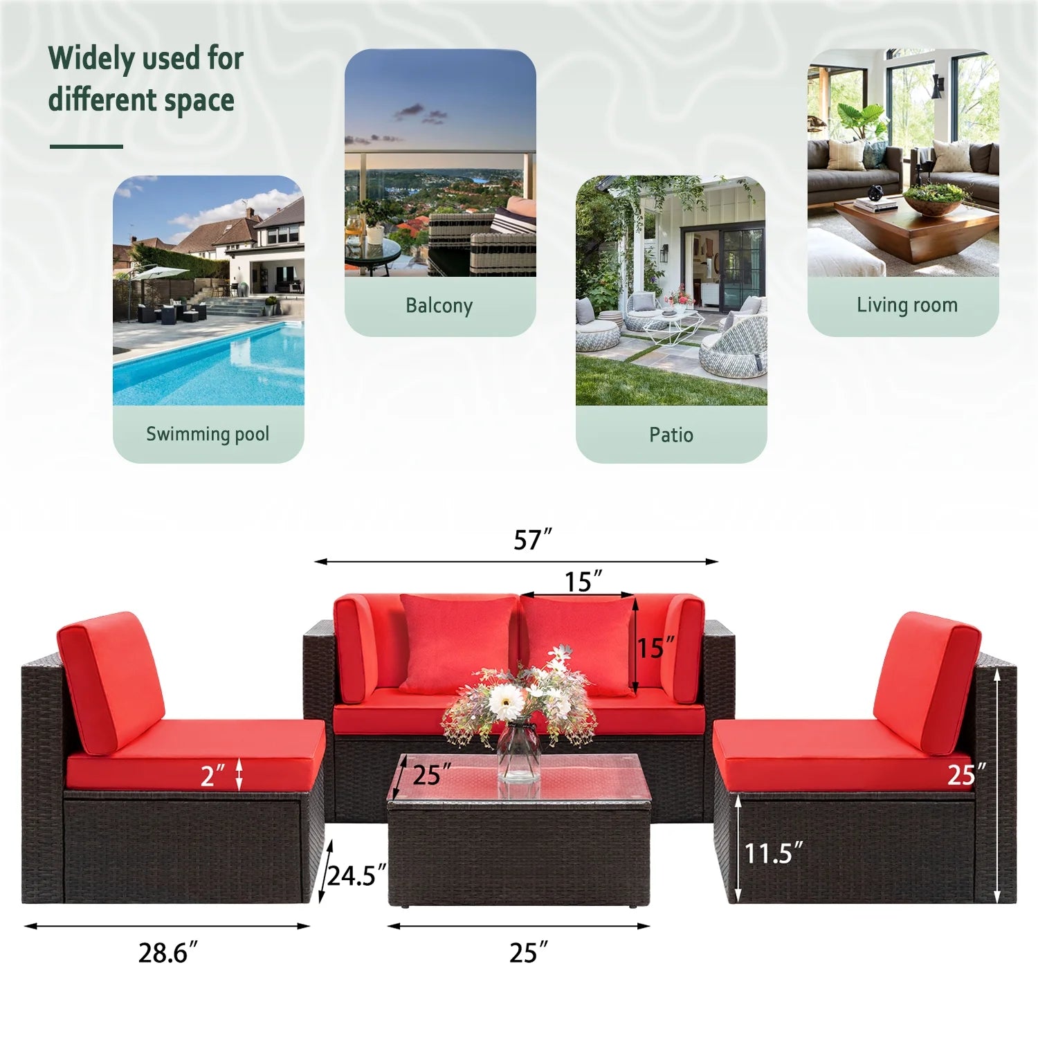 Red 5 Pieces Outdoor Wicker Rattan Sectional Set with Glass Table W471447