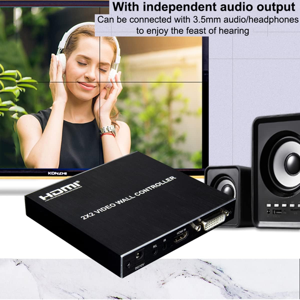 4K 2x2 Video Wall Controller Splitter, 4X1 Quad Viewer, 1 HDMI/DVI Input 4 HDMI Output, Video Wall Processor with RS232 Control W643