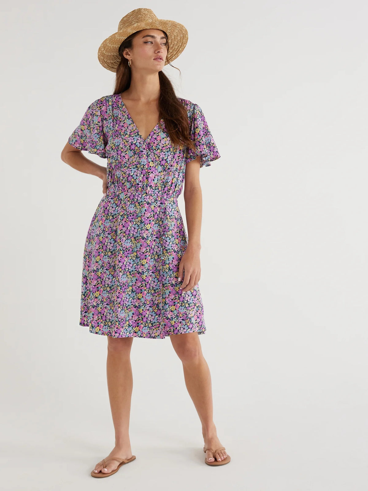 Flutter Sleeve Faux Wrap Dress P61791