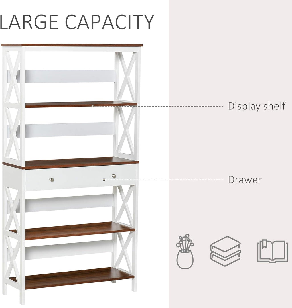 White 4-Tier Shelving Bookcase with Pull Out Drawer W681