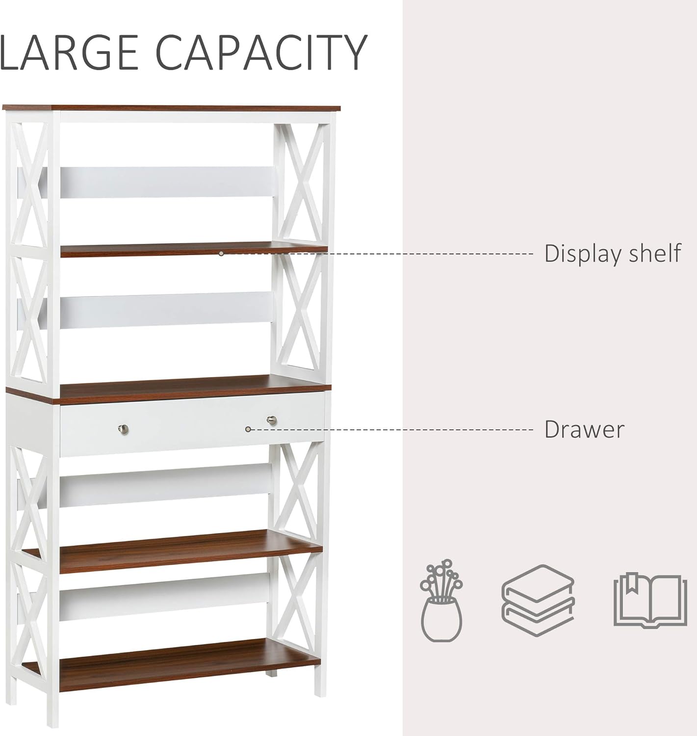 White 4-Tier Shelving Bookcase with Pull Out Drawer W681