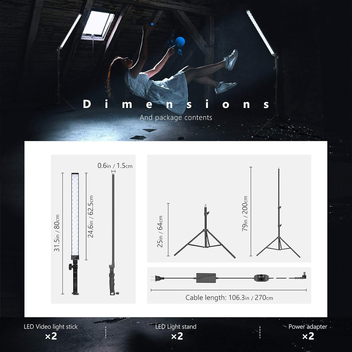 2-Pack Dimmable 5500K LED Video Light Stick Kit with 79-inch Light Stand P97991