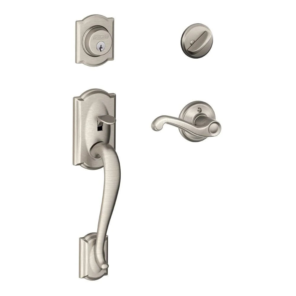 Camelot Single Cylinder Handleset with Flair Lever Satin Nickel Right Hand S7514