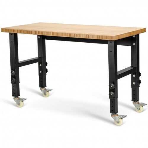 Adjustable Height Workbench Mobile Tool Bench Bamboo Top with Caster E1769