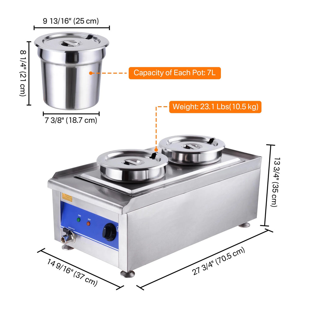 1200W Dual Pots Countertop Food Warmer Stainless Steel Commercial Bain Marie D309