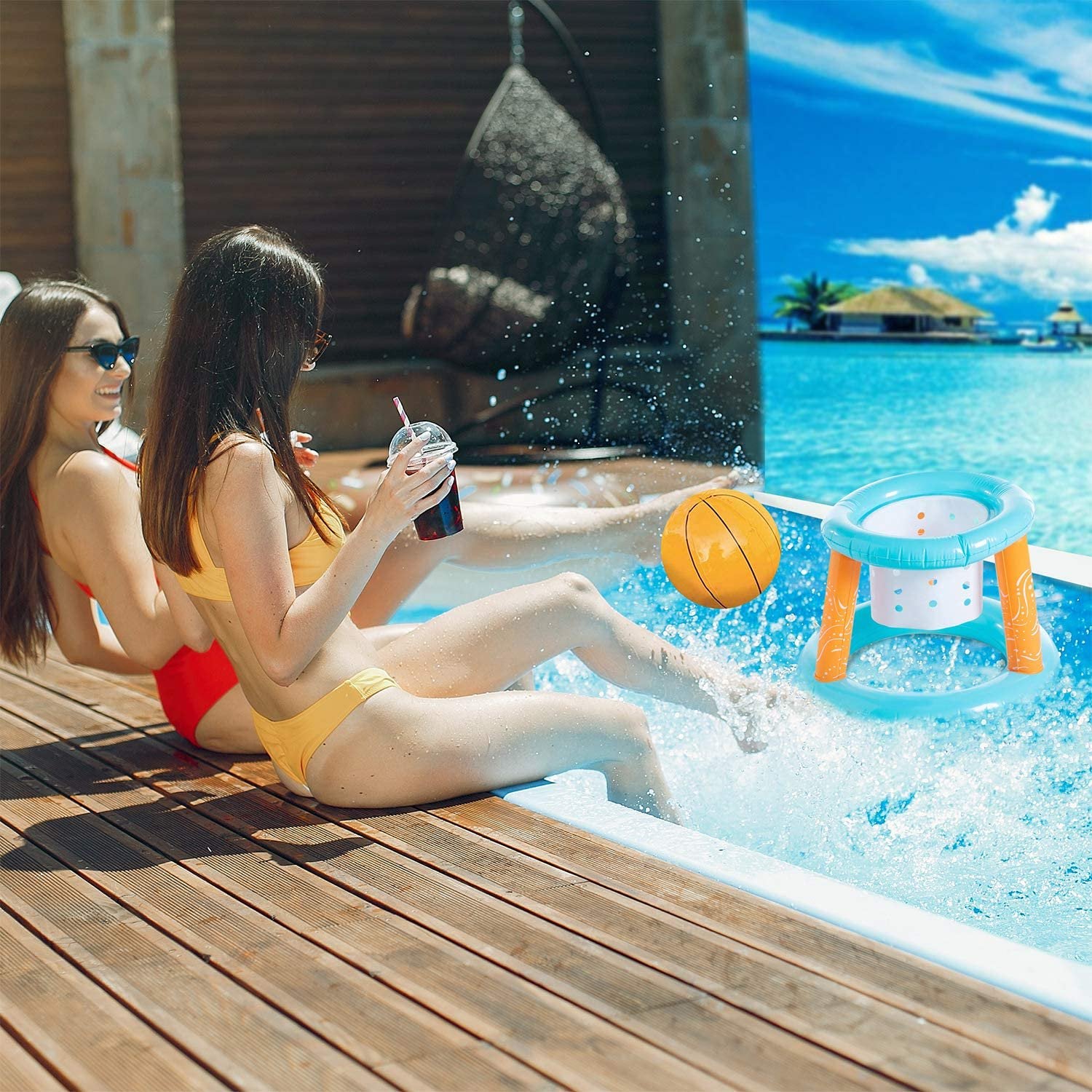 Inflatable Pool Float Set with Volleyball Net, Basketball, Balls W207