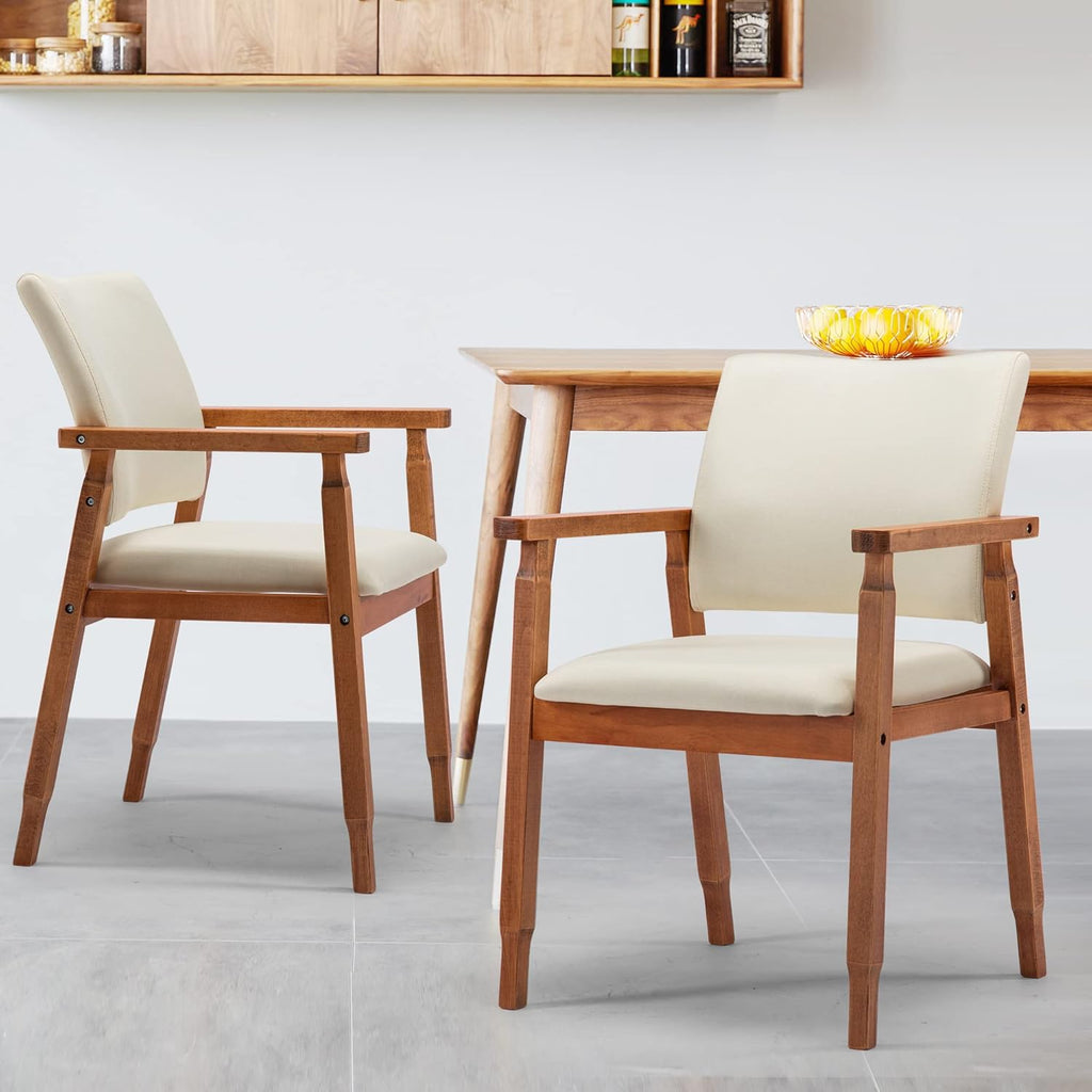 Mid Century Modern Walnut Wood Arm Beige Fabric Dining Chairs Q2555