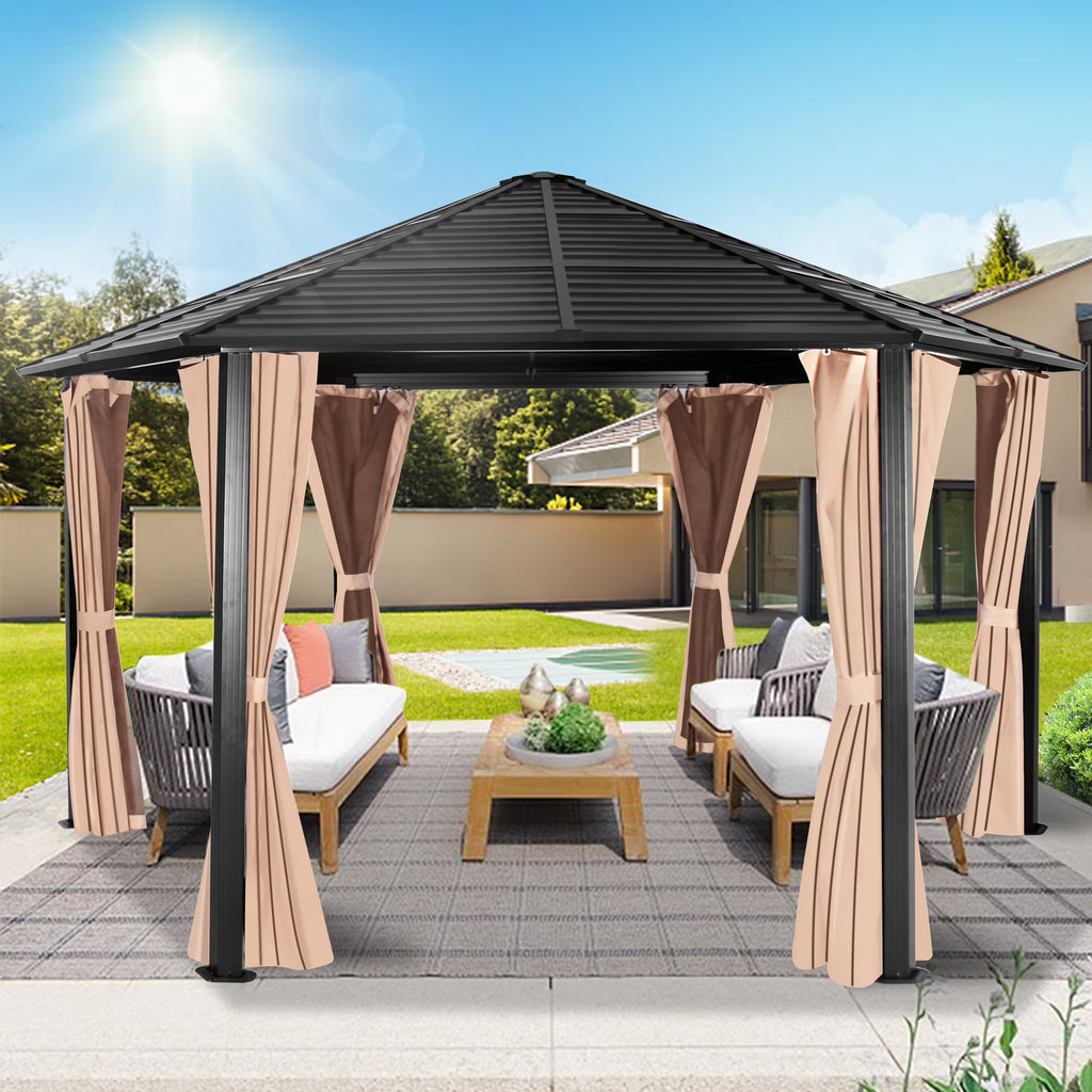 Hexagonal Hardtop Gazebo with Curtains & Mesh Screen A8256