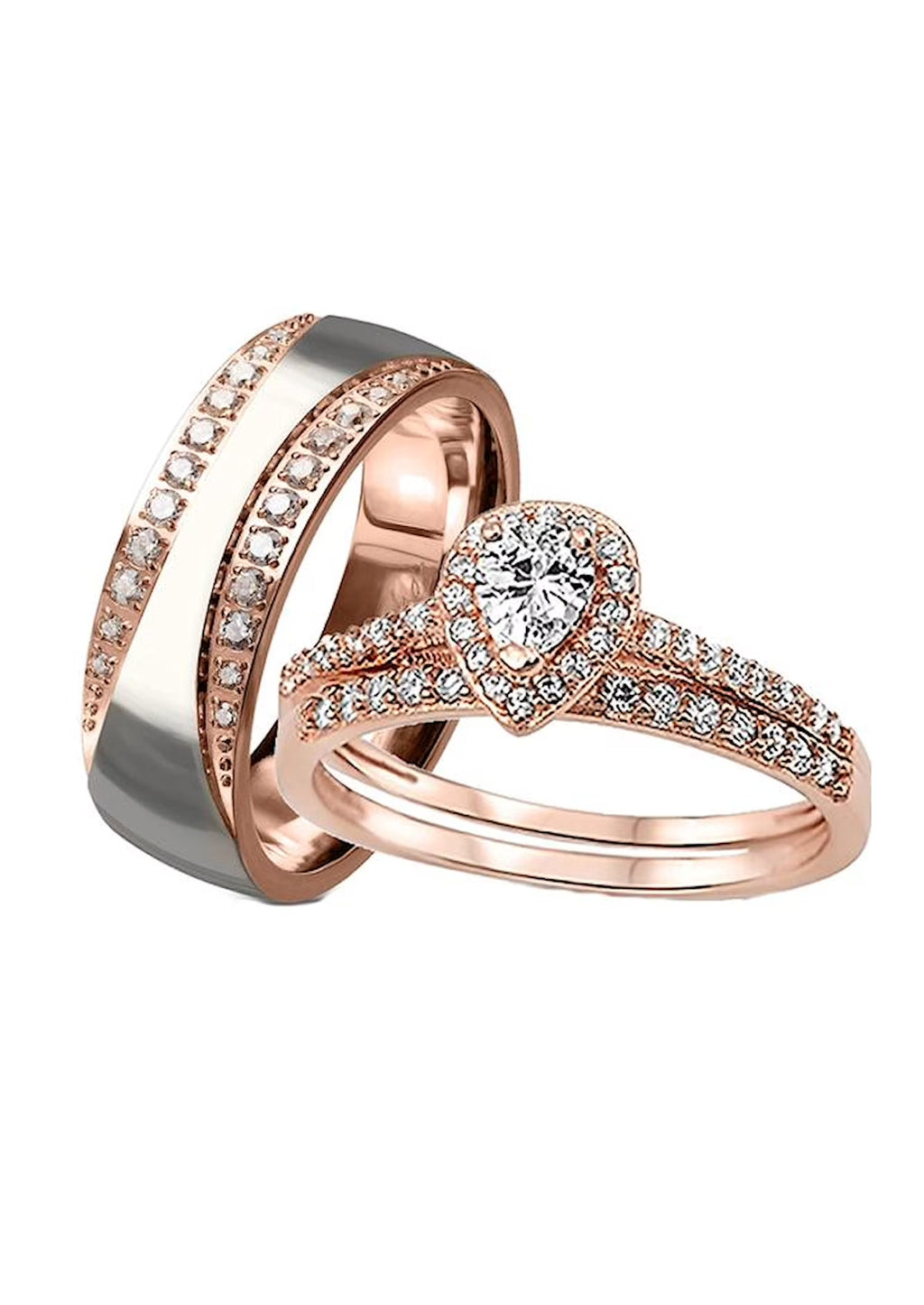 Rose Gold Halo Cz Wedding Ring Set L417