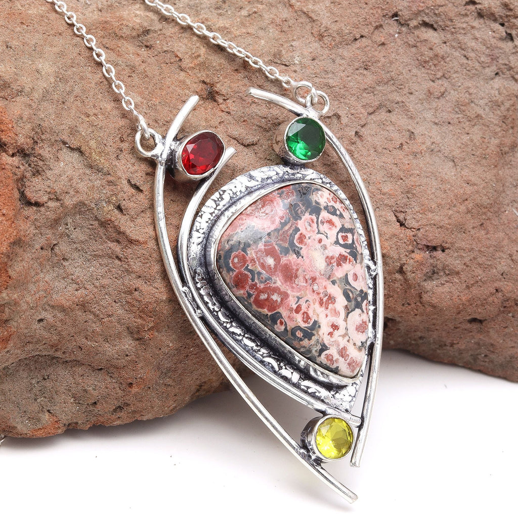 925 Silver Leopard Jasper Gemstone Necklace 20 in Z60579