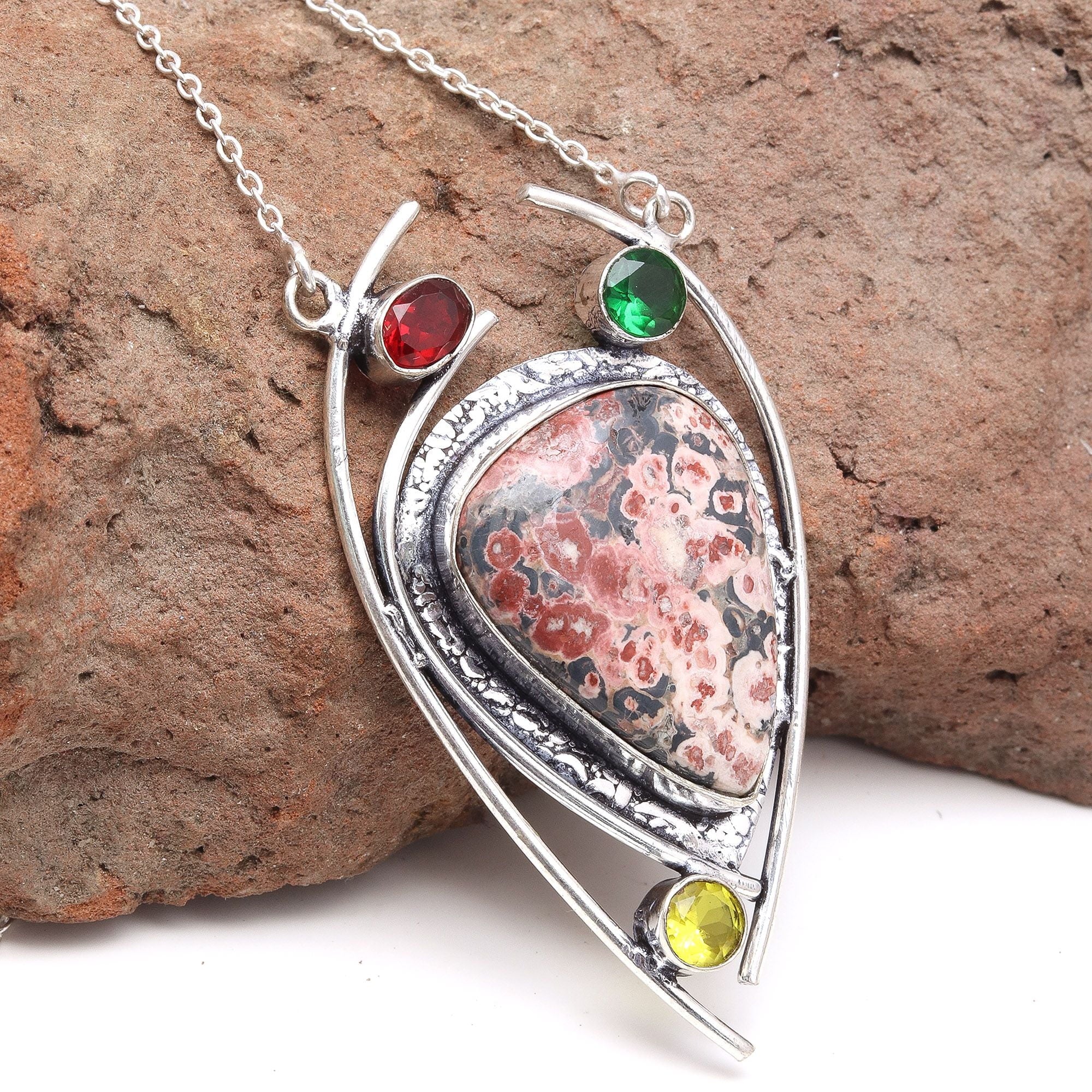 925 Silver Leopard Jasper Gemstone Necklace 20 in Z60579