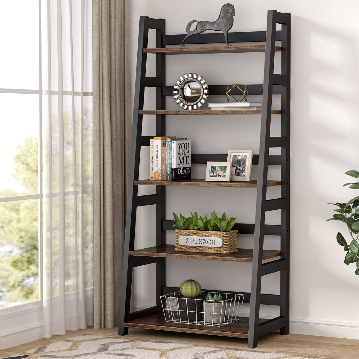 5-Tier Ladder Bookshelf Bookcase Brown U32035