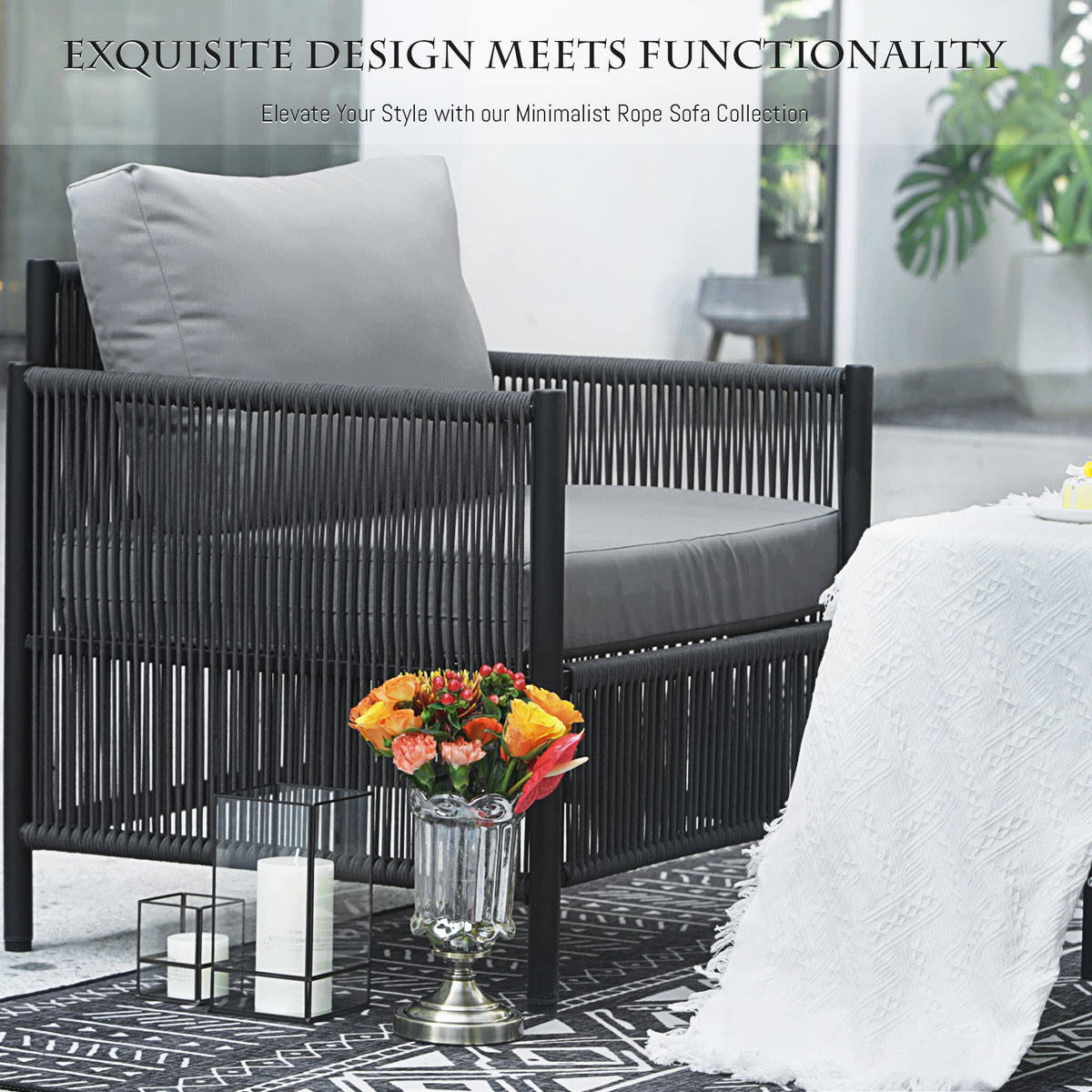 Grey Rope Patio Sectional Sofa Set with Fire Pit Table, 9 Pcs Outdoor Furniture Set X2664
