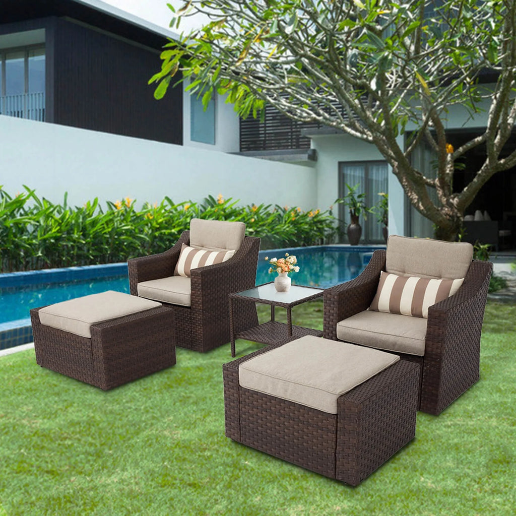 5-Piece Outdoor Wicker Conversation Set with Lounge Chairs & Ottomans F937818