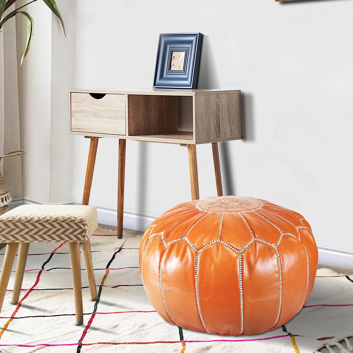 Orange Leather Ottoman J165022