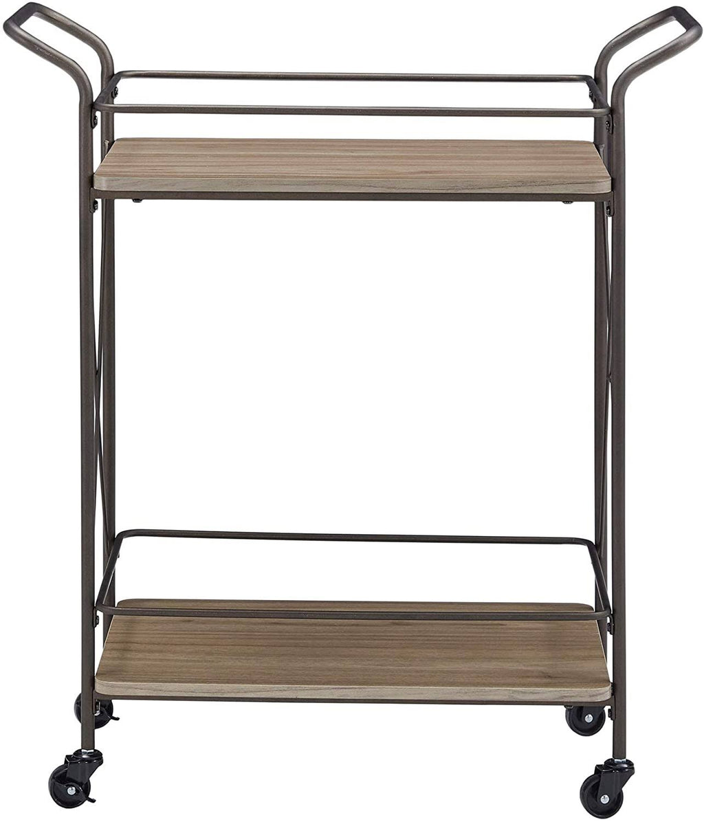 Bronze Finish Metal Bar Cart Walnut Wood Shelf Q5549
