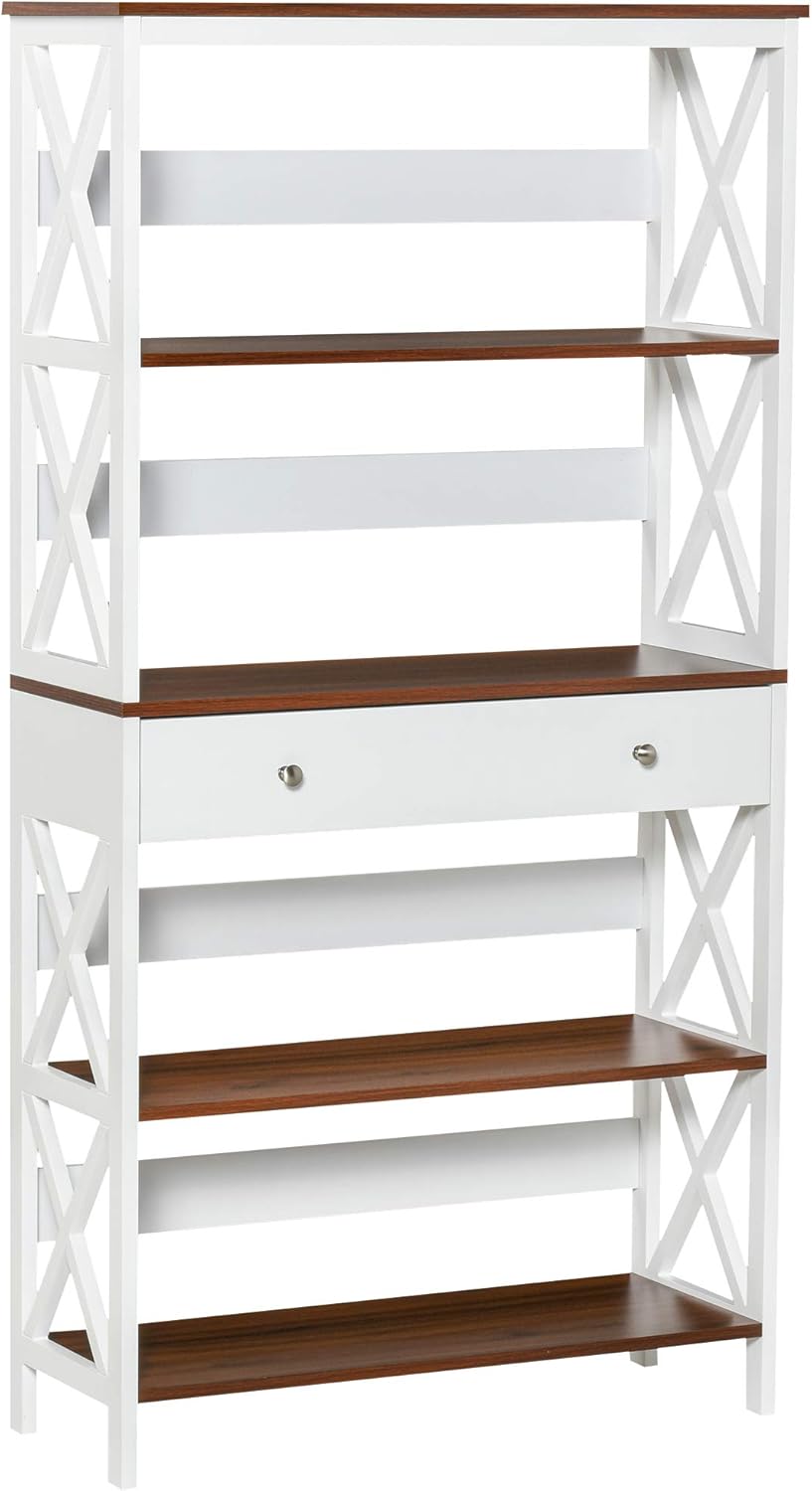 White 4-Tier Shelving Bookcase with Pull Out Drawer W681