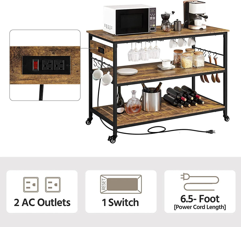 Rustic Brown Rolling Kitchen Cart with Power Outlet M1301