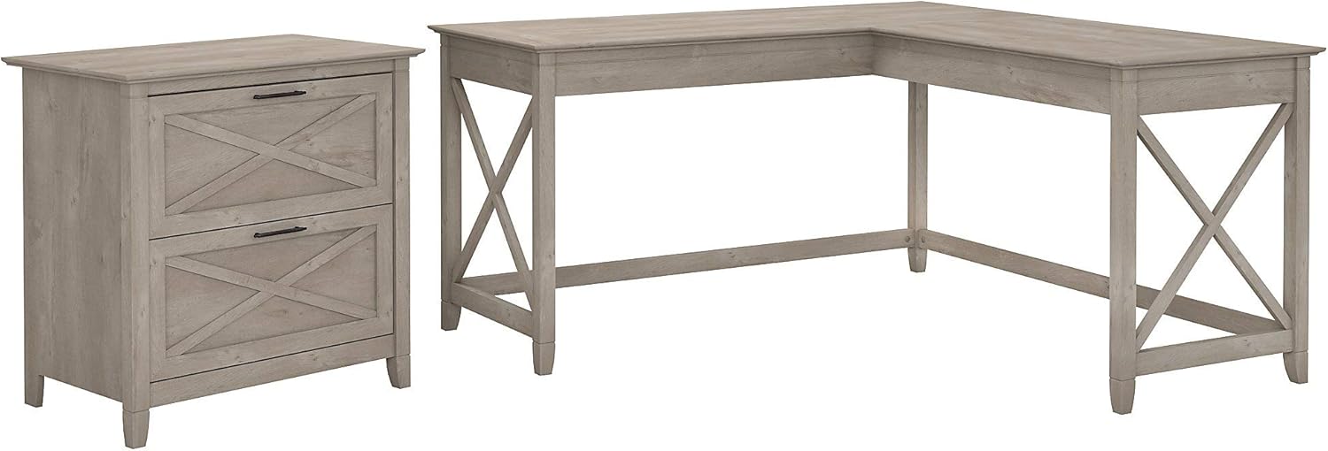 60W L Shaped Desk with 2 Drawer Lateral File Cabinet, Bing Cherry T72400