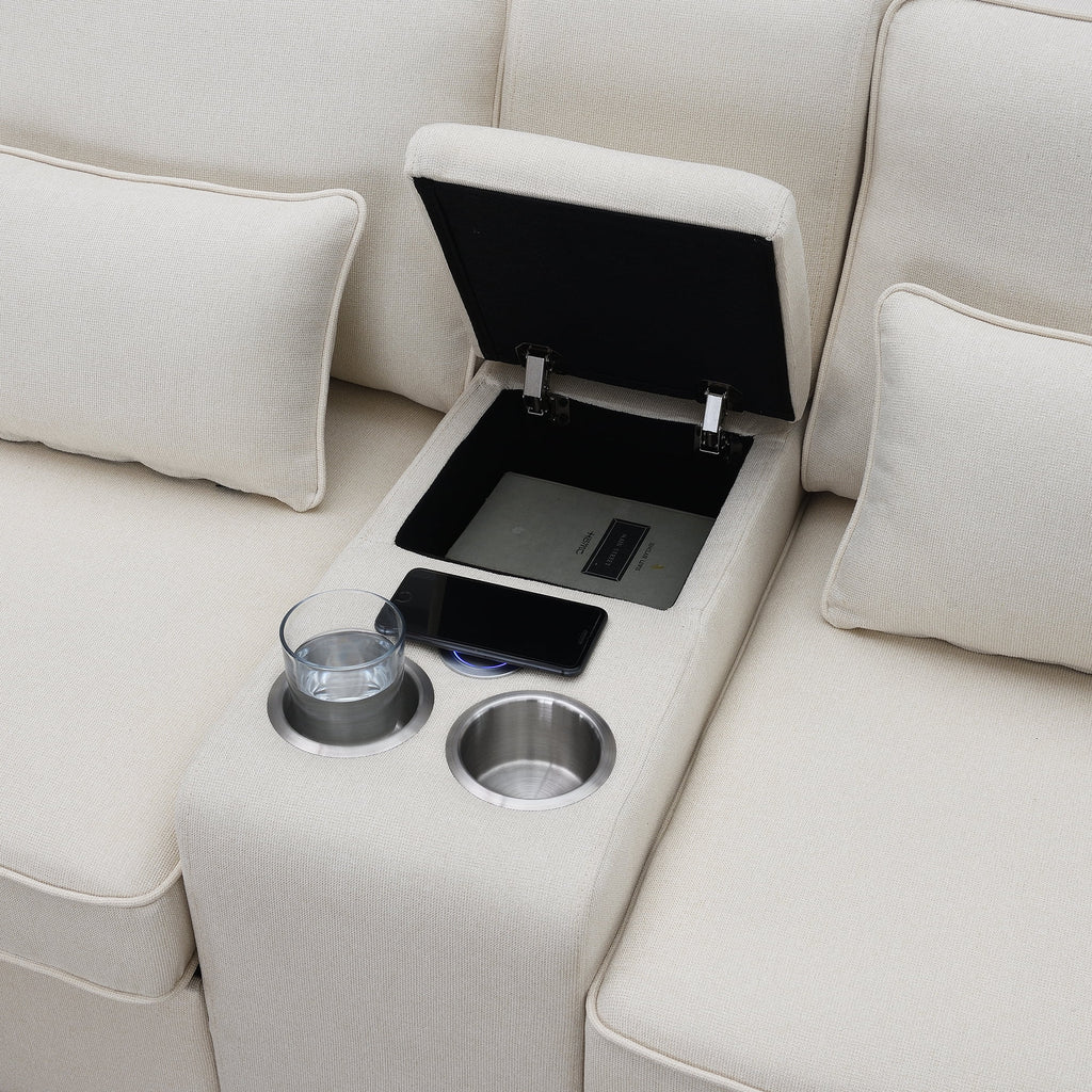 Upholstered Sofa with Console, 2 Cupholders and 2 USB Ports, Linen Fabric, 4-Seat J705195