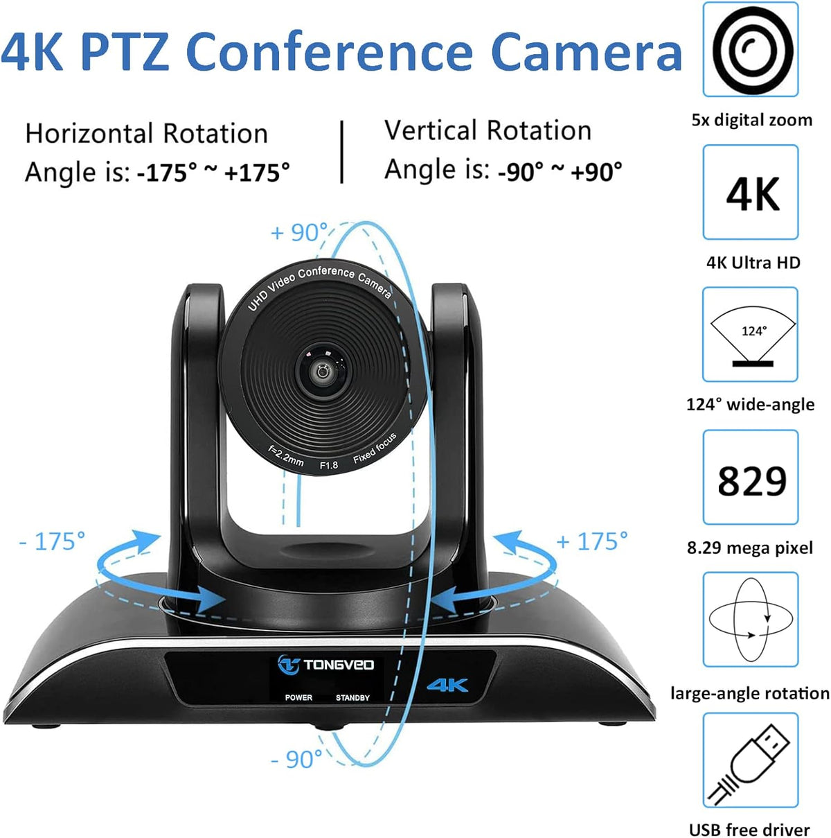 4K PTZ Webcam Video Conference Camera with 5X Digital Zoom and Remote Control USB Wide-Angle T2051