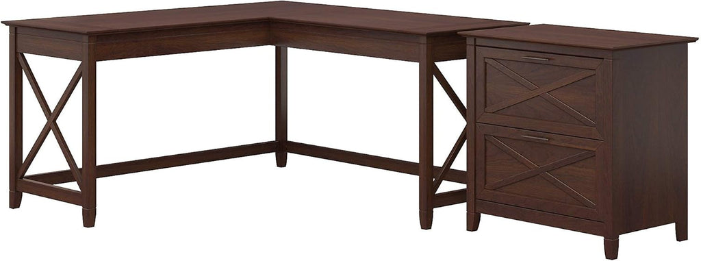 60W L Shaped Desk with 2 Drawer Lateral File Cabinet, Bing Cherry T72400