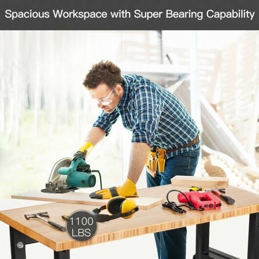 Adjustable Height Workbench Mobile Tool Bench Bamboo Top with Caster E1769