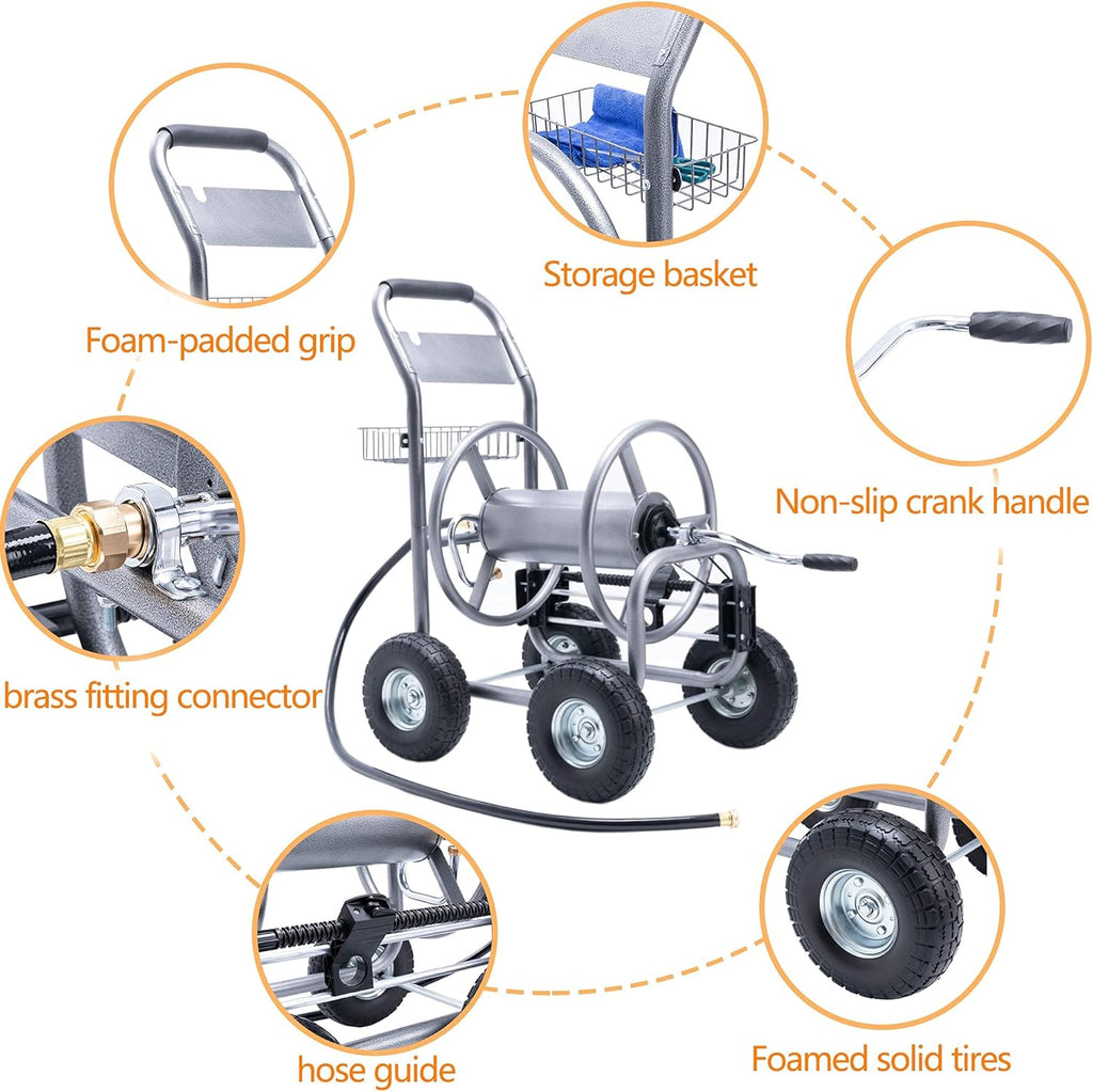 Industrial Hose Reel Cart with 4 Solid Wheels, 250-Feet Capacity X7682