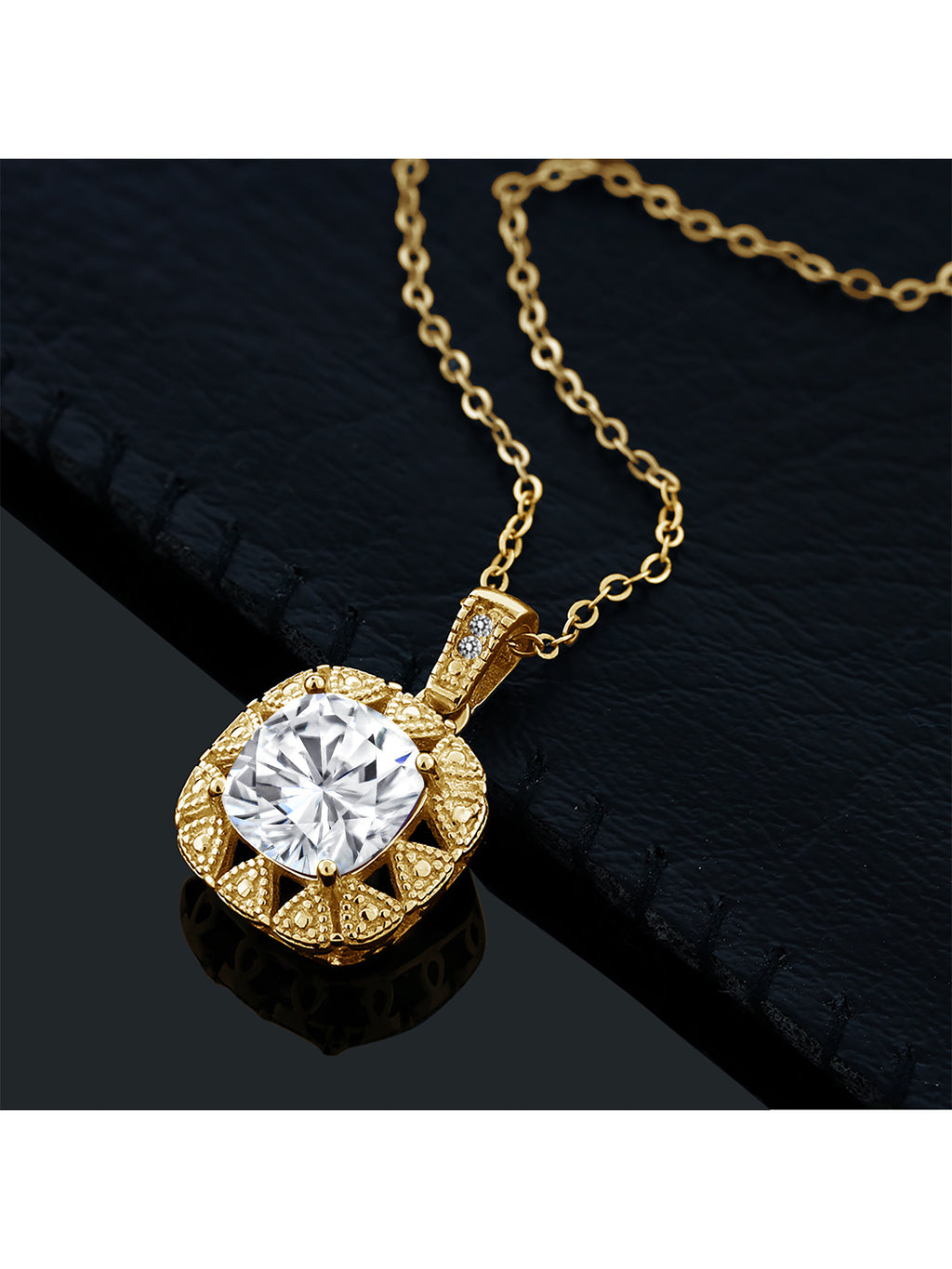 18K Yellow Gold Plated Silver White Moissanite and White Diamond Pendant Necklace (2.41 Cttw, Cushion 8MM, with 18 inch Chain) L269657