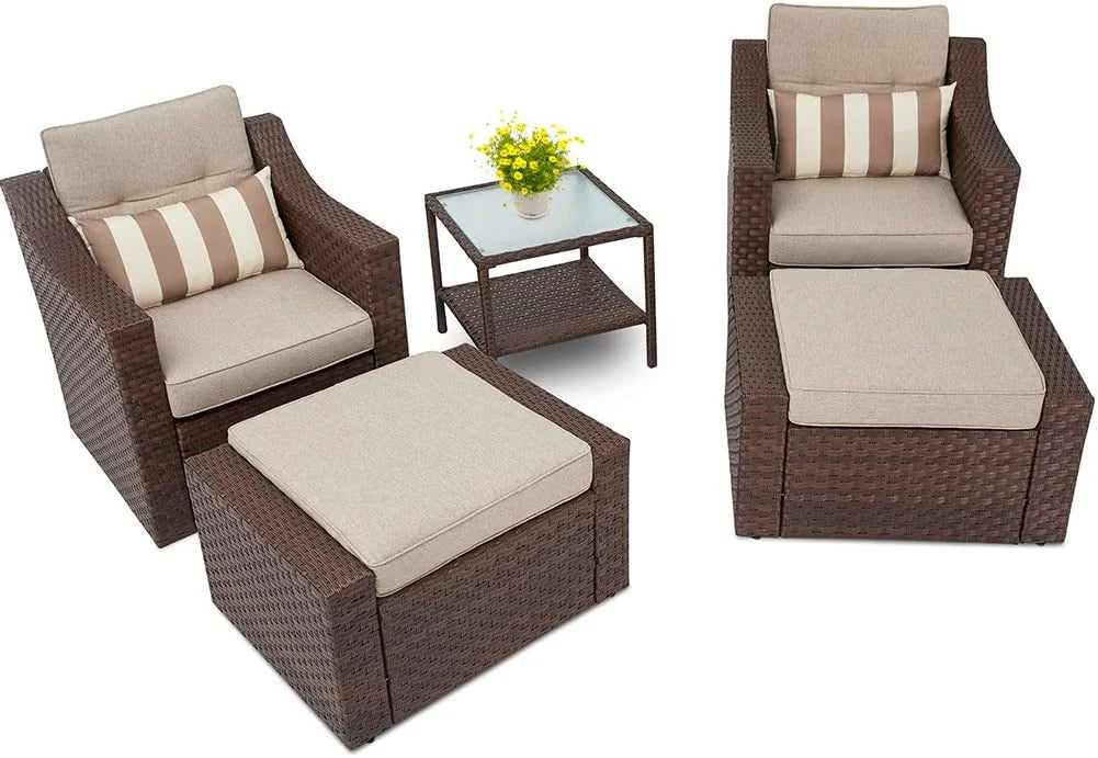 5-Piece Outdoor Wicker Conversation Set with Lounge Chairs & Ottomans F937818