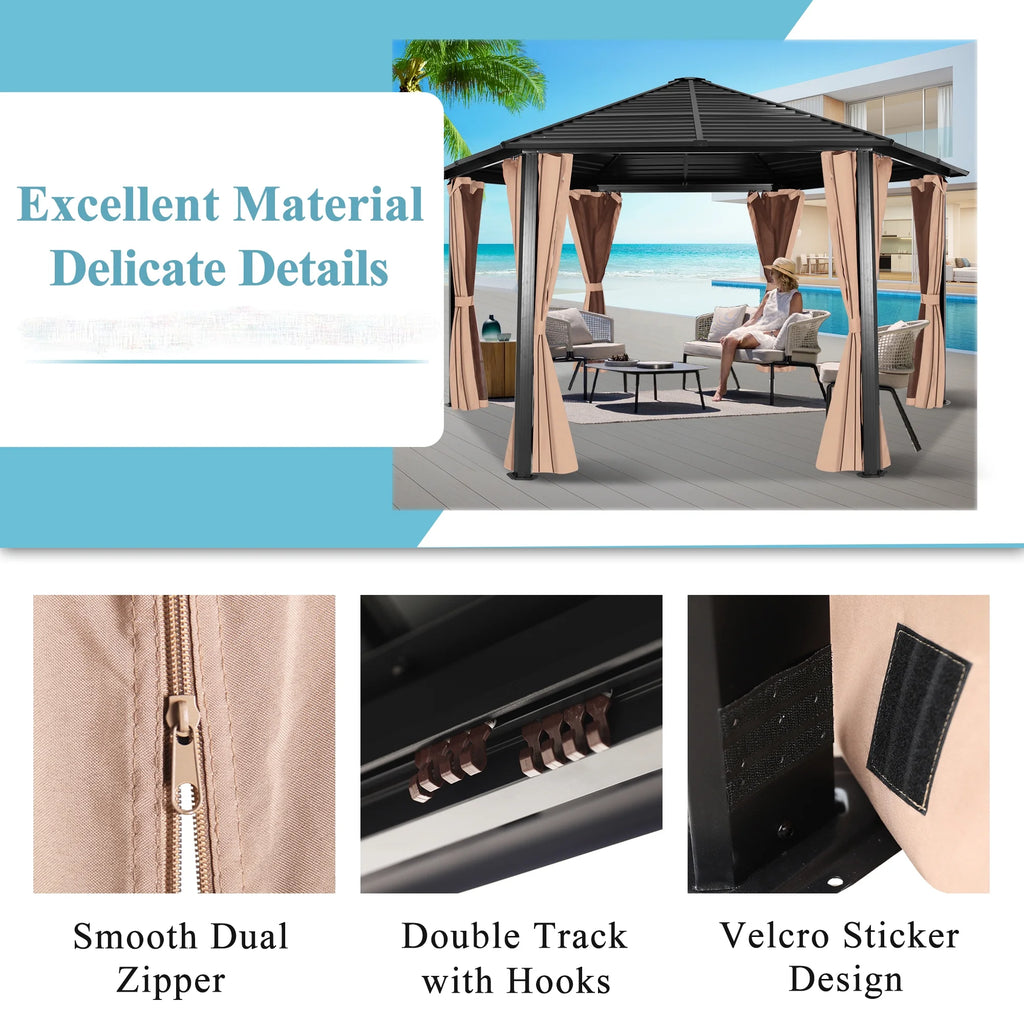 Hexagonal Hardtop Gazebo with Curtains & Mesh Screen A8256