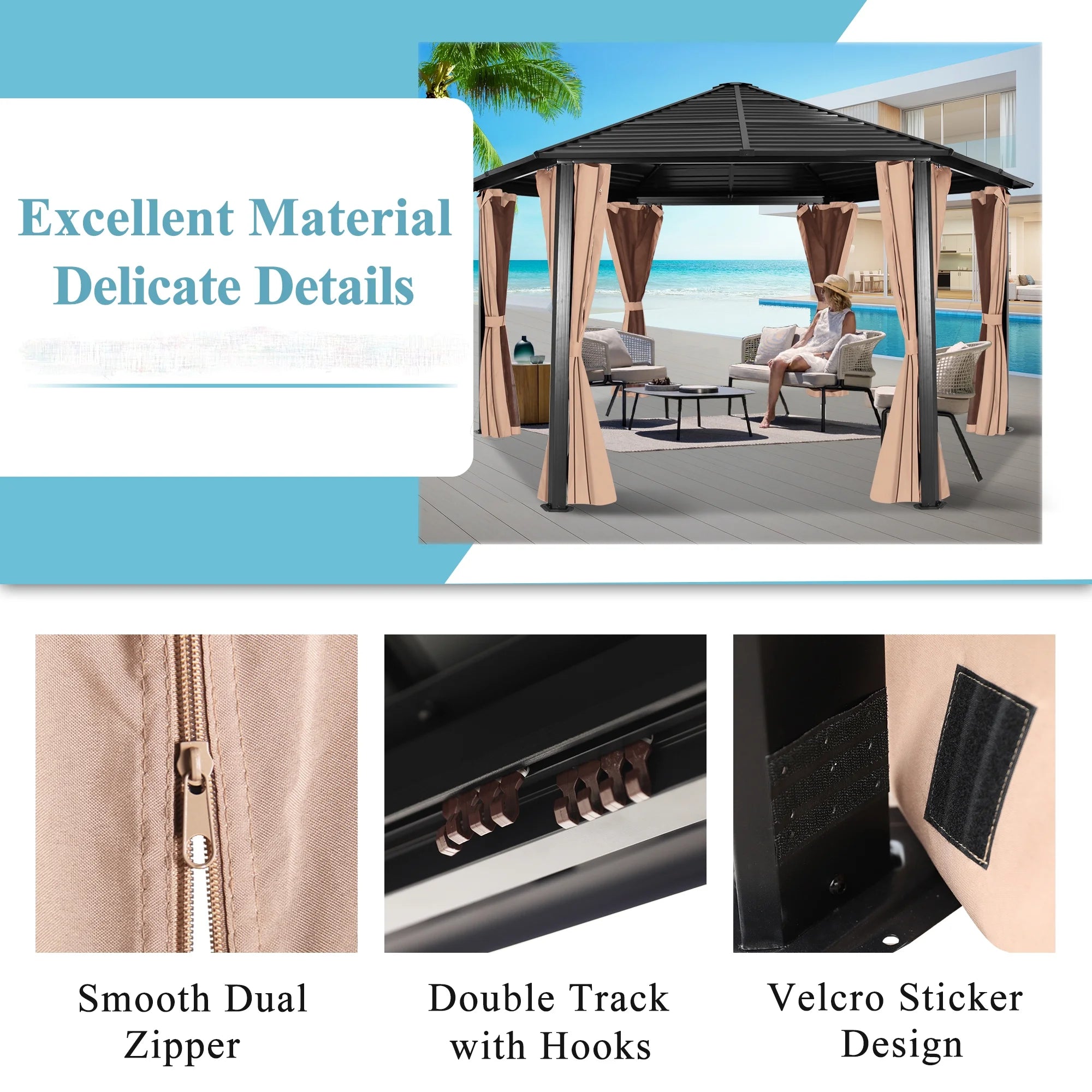 Hexagonal Hardtop Gazebo with Curtains & Mesh Screen A8256