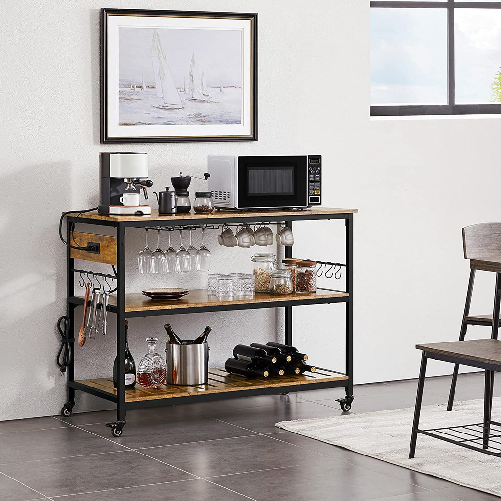 Rustic Brown Rolling Kitchen Cart with Power Outlet M1301
