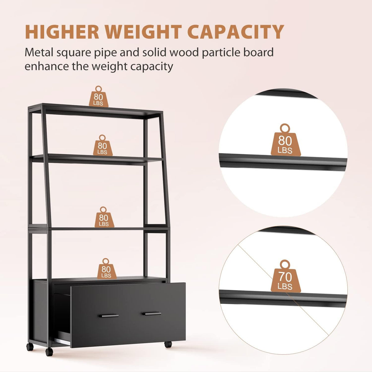 Black Rolling File Cabinet with Drawer K17055