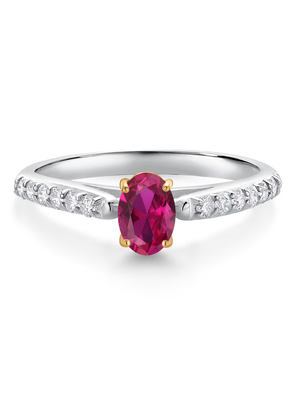 925 Sterling Silver 10K Yellow Gold Red Created Ruby White Lab Grown Diamond Engagement Ring (0.68 Cttw, Oval 6X4MM) X309