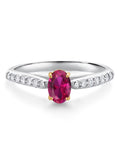 925 Sterling Silver 10K Yellow Gold Red Created Ruby White Lab Grown Diamond Engagement Ring (0.68 Cttw, Oval 6X4MM) X309