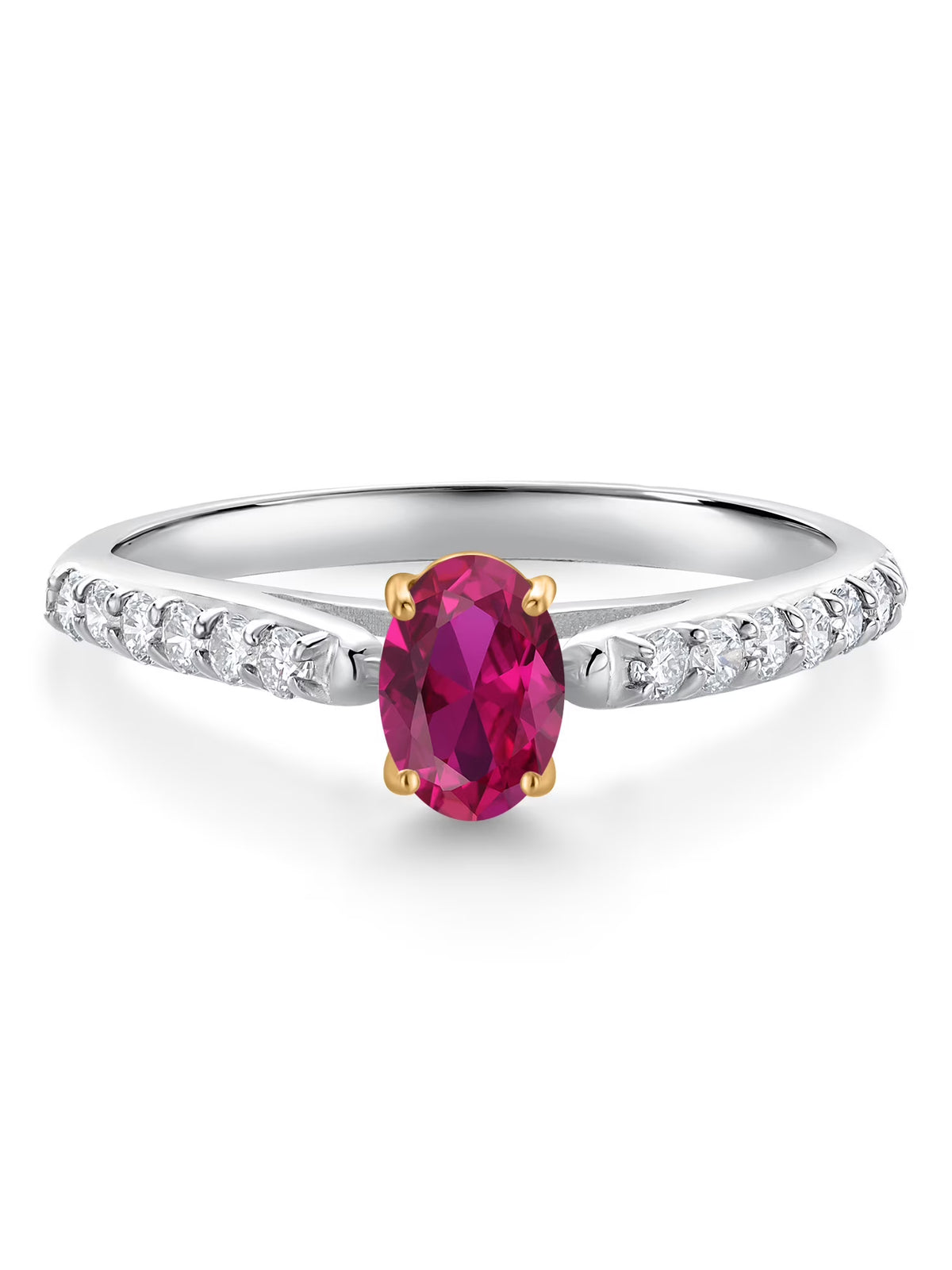 925 Sterling Silver 10K Yellow Gold Red Created Ruby White Lab Grown Diamond Engagement Ring (0.68 Cttw, Oval 6X4MM) X309