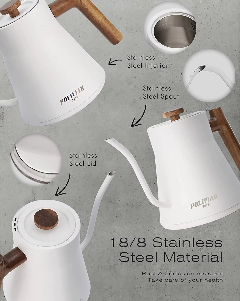 Electric Gooseneck Kettle 1200W 34oz 18/8 Stainless Steel Inner Temperature Control L8839