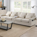 Upholstered Sofa with Console, 2 Cupholders and 2 USB Ports, Linen Fabric, 4-Seat J705195