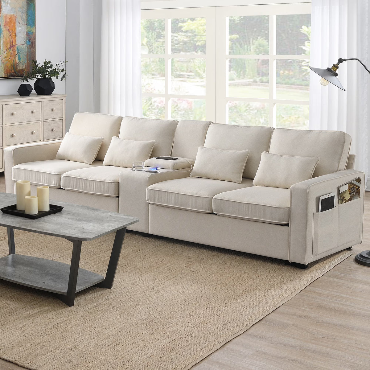 Upholstered Sofa with Console, 2 Cupholders and 2 USB Ports, Linen Fabric, 4-Seat J705195