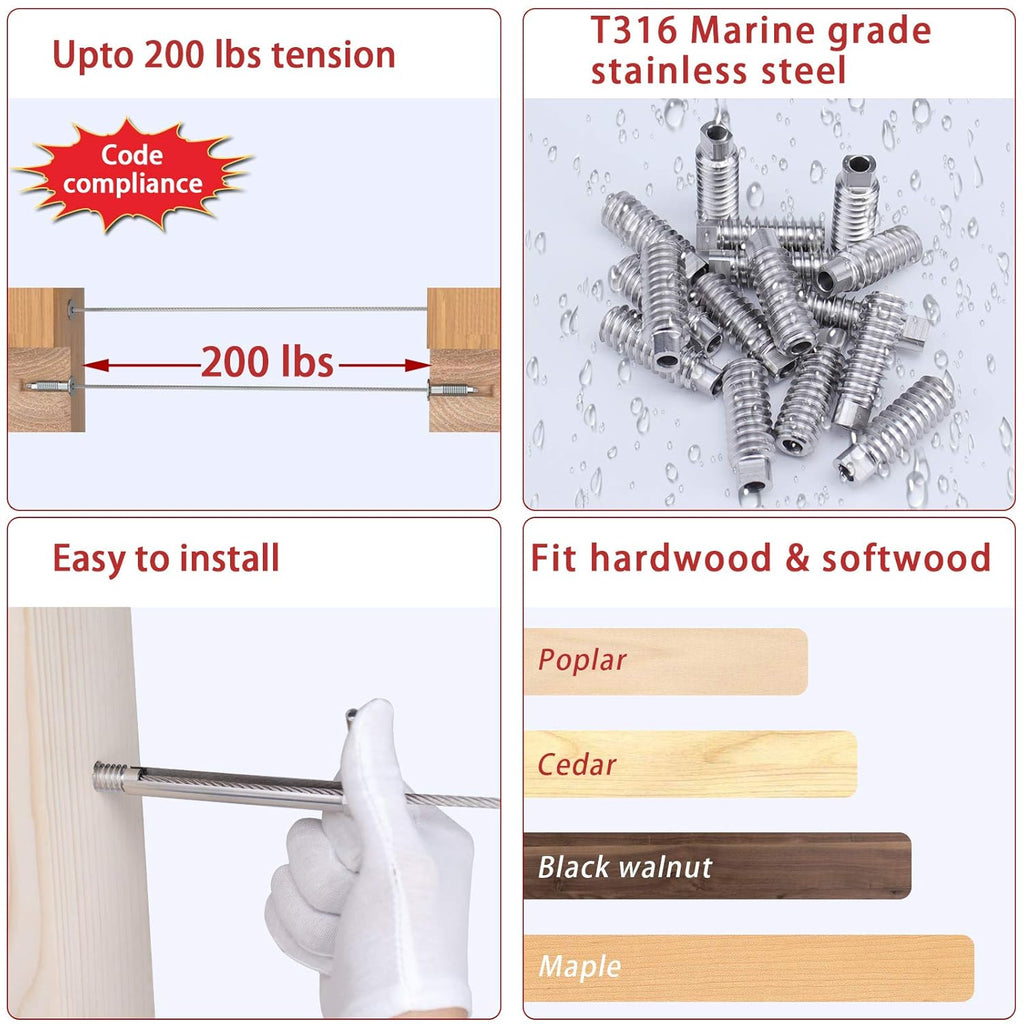 20Pack 3/16 Invisible Cable Railing Kit T316 Stainless Steel 10 Cable Line Q1704