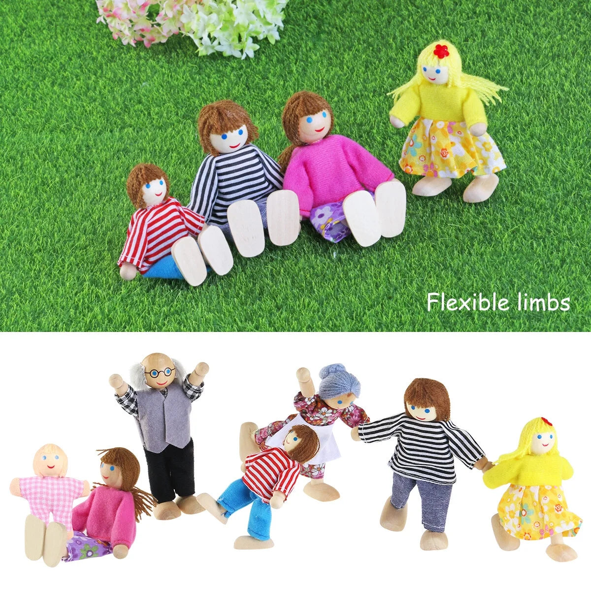 7 Pieces Wooden Dollhouse Family Mini People Figures E6768