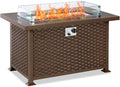 44 Inch Propane Gas Fire Pit Table, 50,000 BTU, Aluminum Frame Wicker PE Rattan with Glass Wind Guard & Blue Arctic Glass S909
