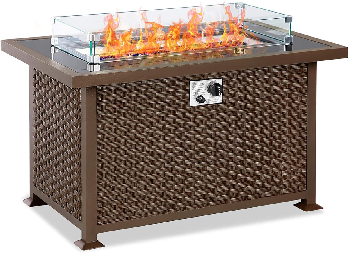 44 Inch Propane Gas Fire Pit Table, 50,000 BTU, Aluminum Frame Wicker PE Rattan with Glass Wind Guard & Blue Arctic Glass S909