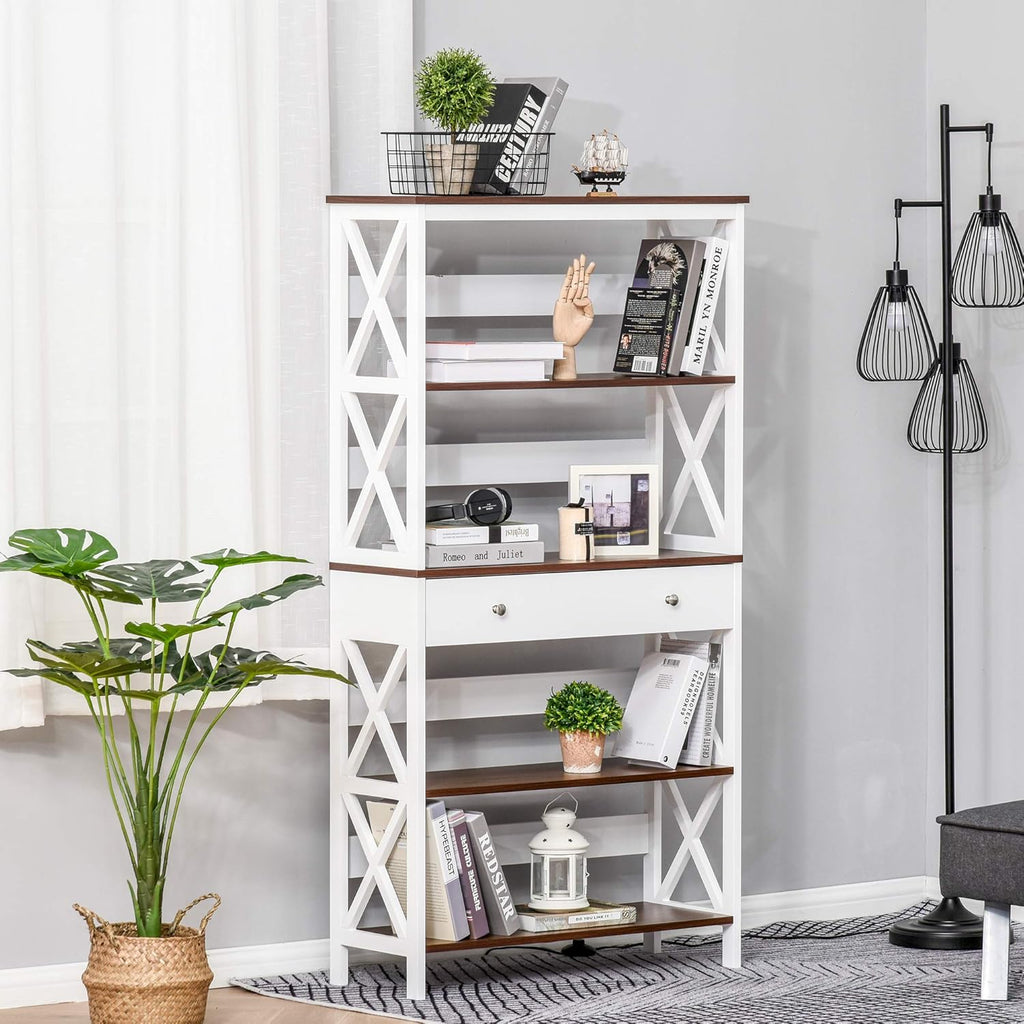 White 4-Tier Shelving Bookcase with Pull Out Drawer W681
