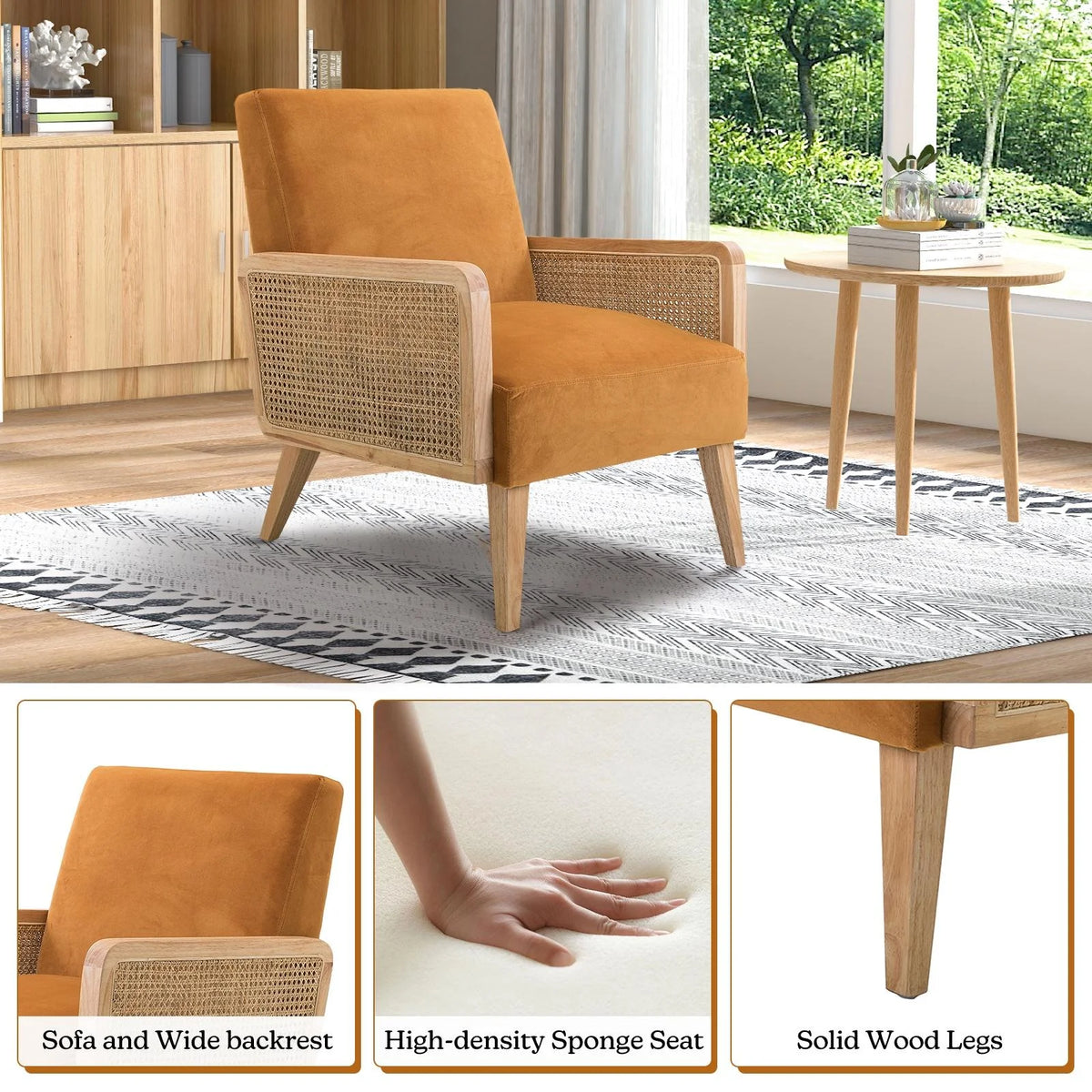 Yellow Fabric Upholstered Accent Chair with Rattan Armrests B69079