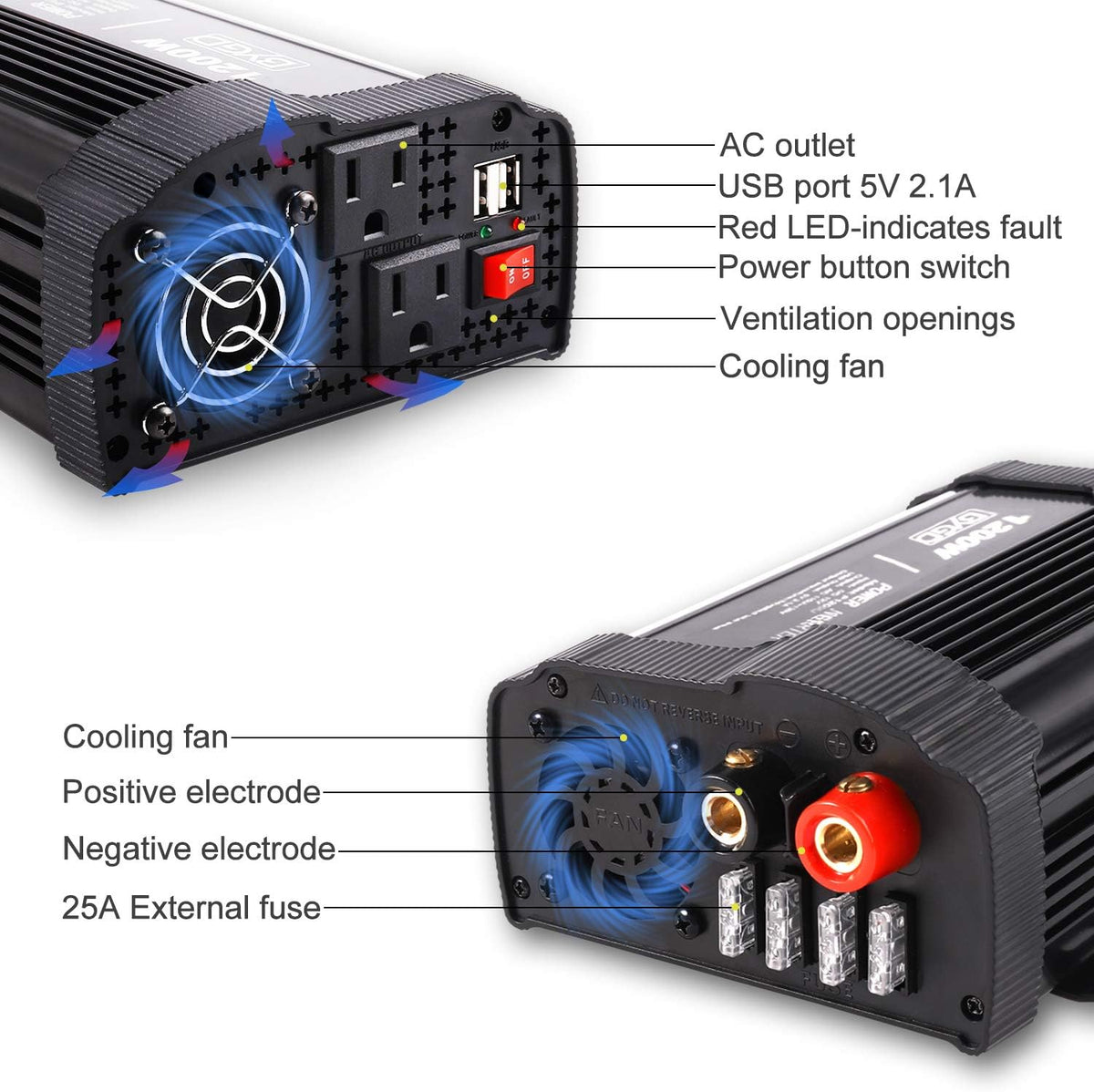 1200W Power Inverter with Dual AC Outlets Dual 2.1A USB Ports P883867