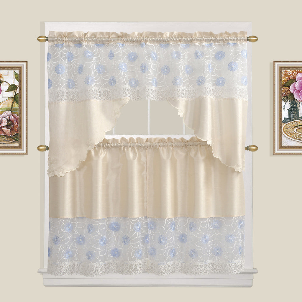 Beige Floral Embroidered 3-Piece Kitchen Curtain Tiers & Swag Set, 58x36 & 28x36 inches D306253