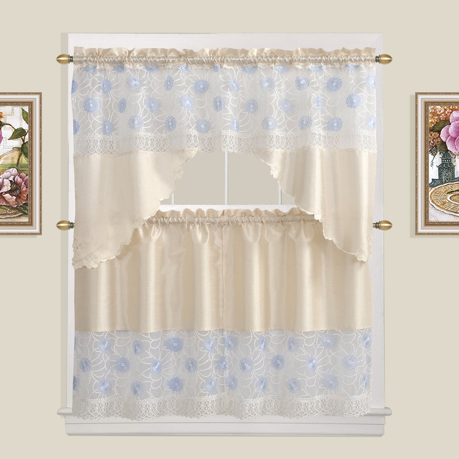 Beige Floral Embroidered 3-Piece Kitchen Curtain Tiers & Swag Set, 58x36 & 28x36 inches D306253